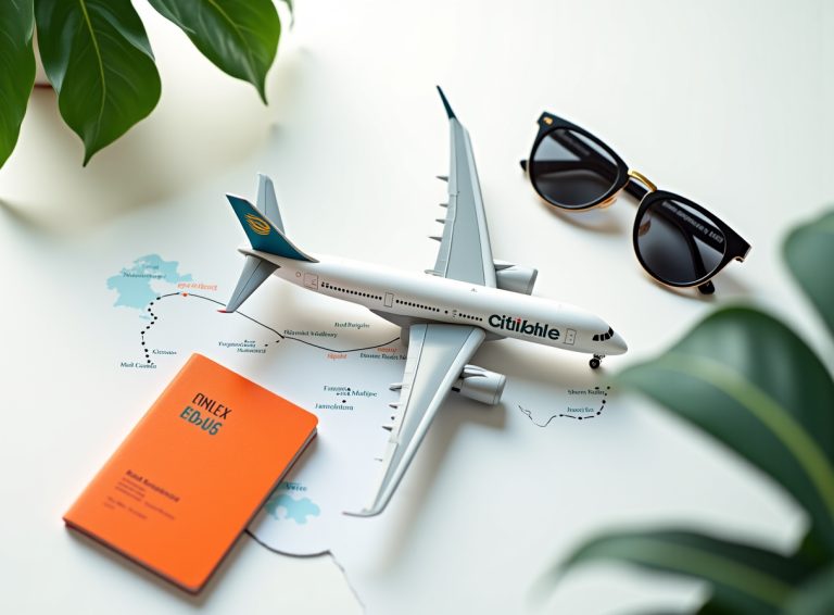 Модель самолета, паспорт и карта показывают новый рейс Citilink Джакарта - Бангкок.