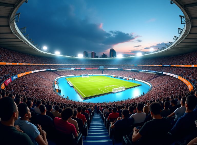Современный стадион в Бангкоке на закате, символизирующий подготовку к Играм ЮВА 2025 после наводнения.